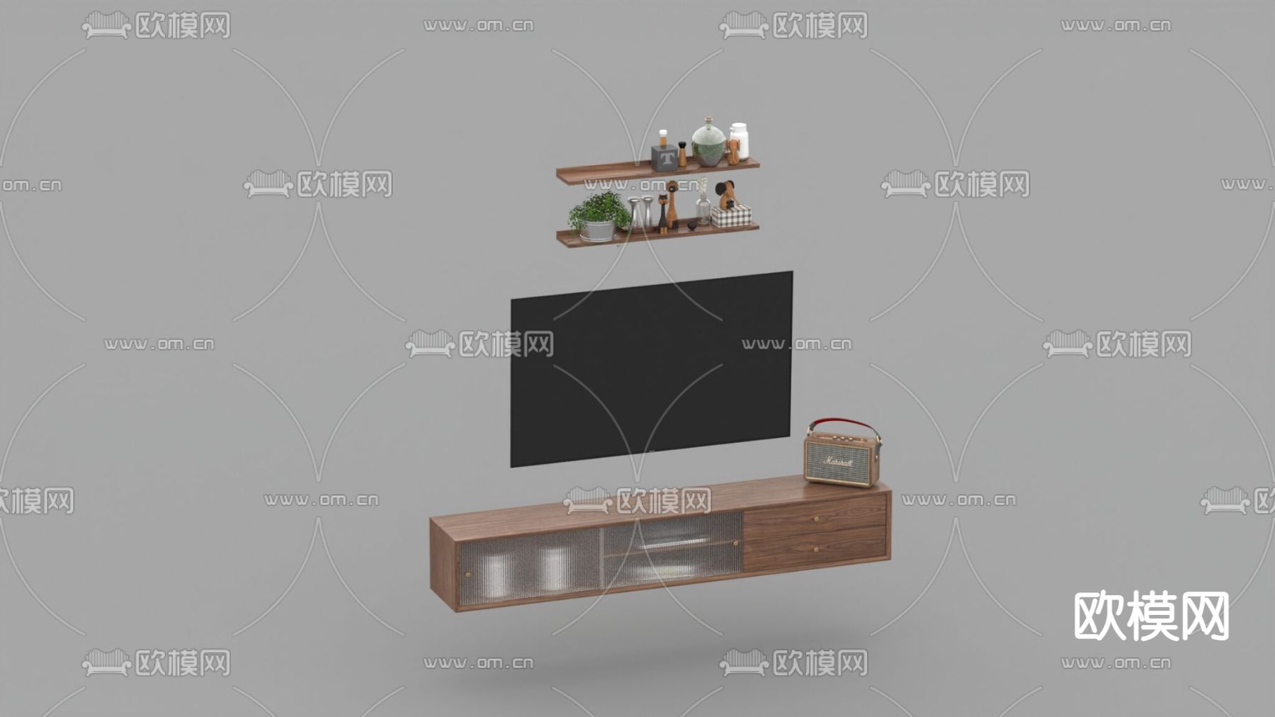 现代简约实木玻璃电视柜免费3d模型下载