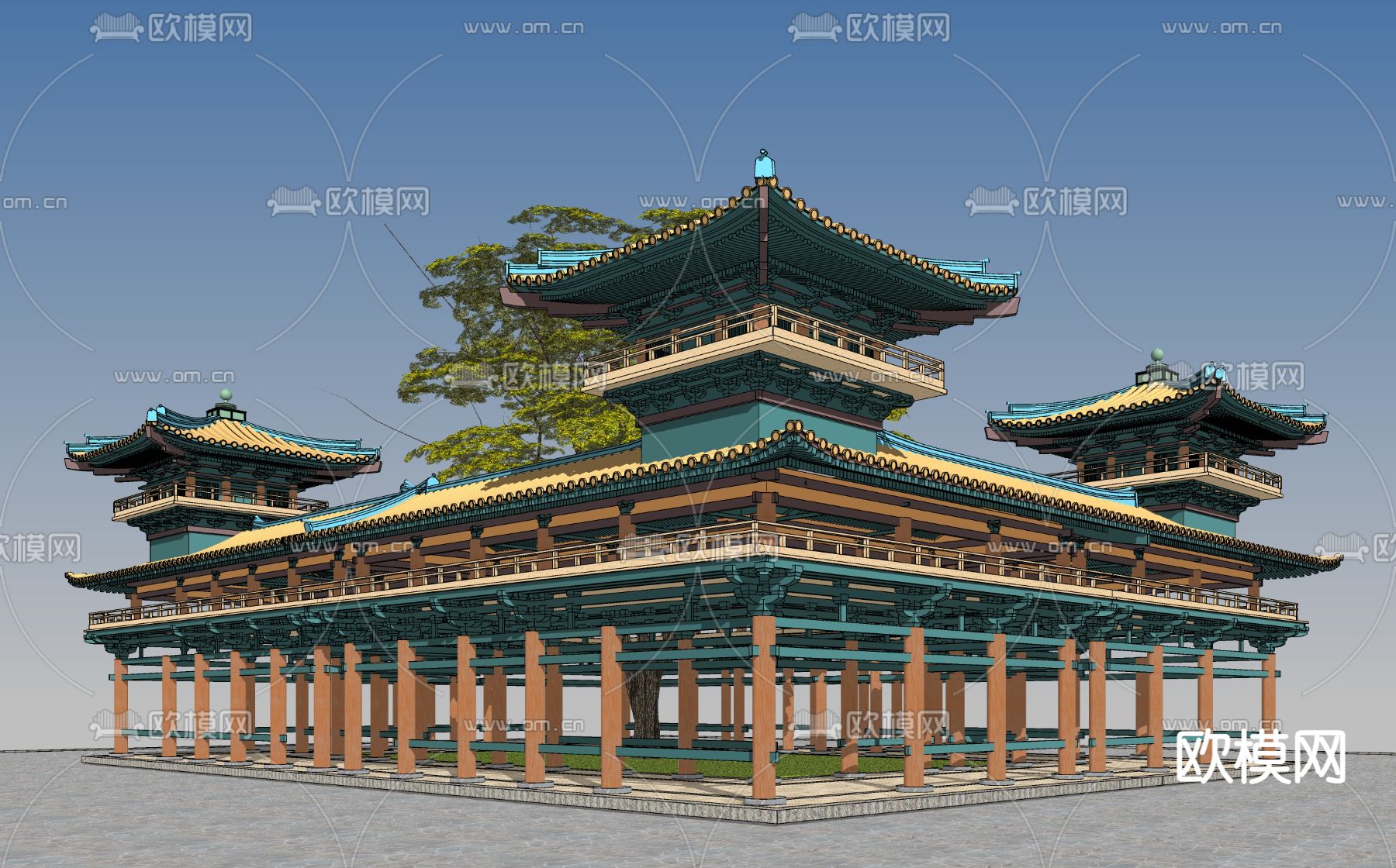 中式古建角楼连体回廊su模型下载（渲染图1）