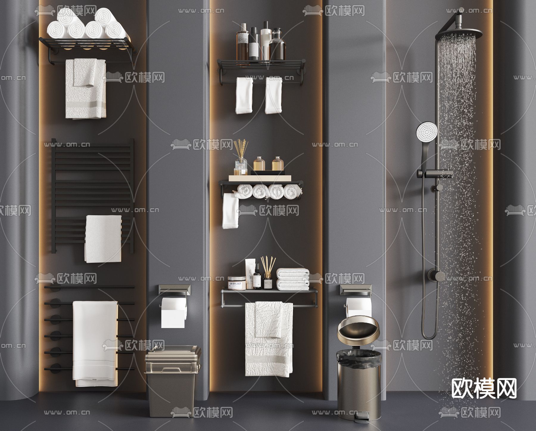 现代毛巾架 淋浴头 卫浴用品su模型下载（渲染图1）
