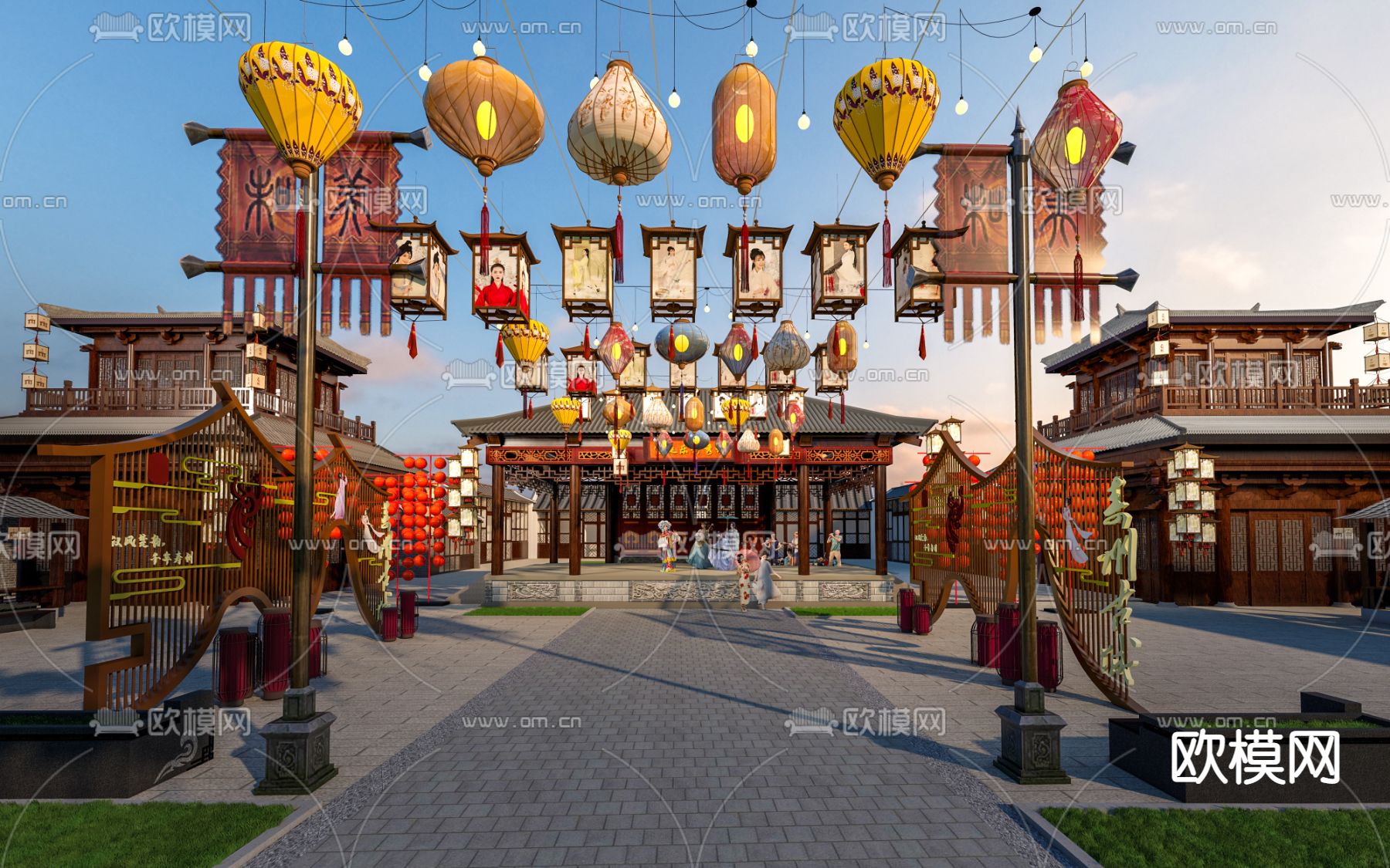 中式乡村戏台 戏楼su模型下载（渲染图1）