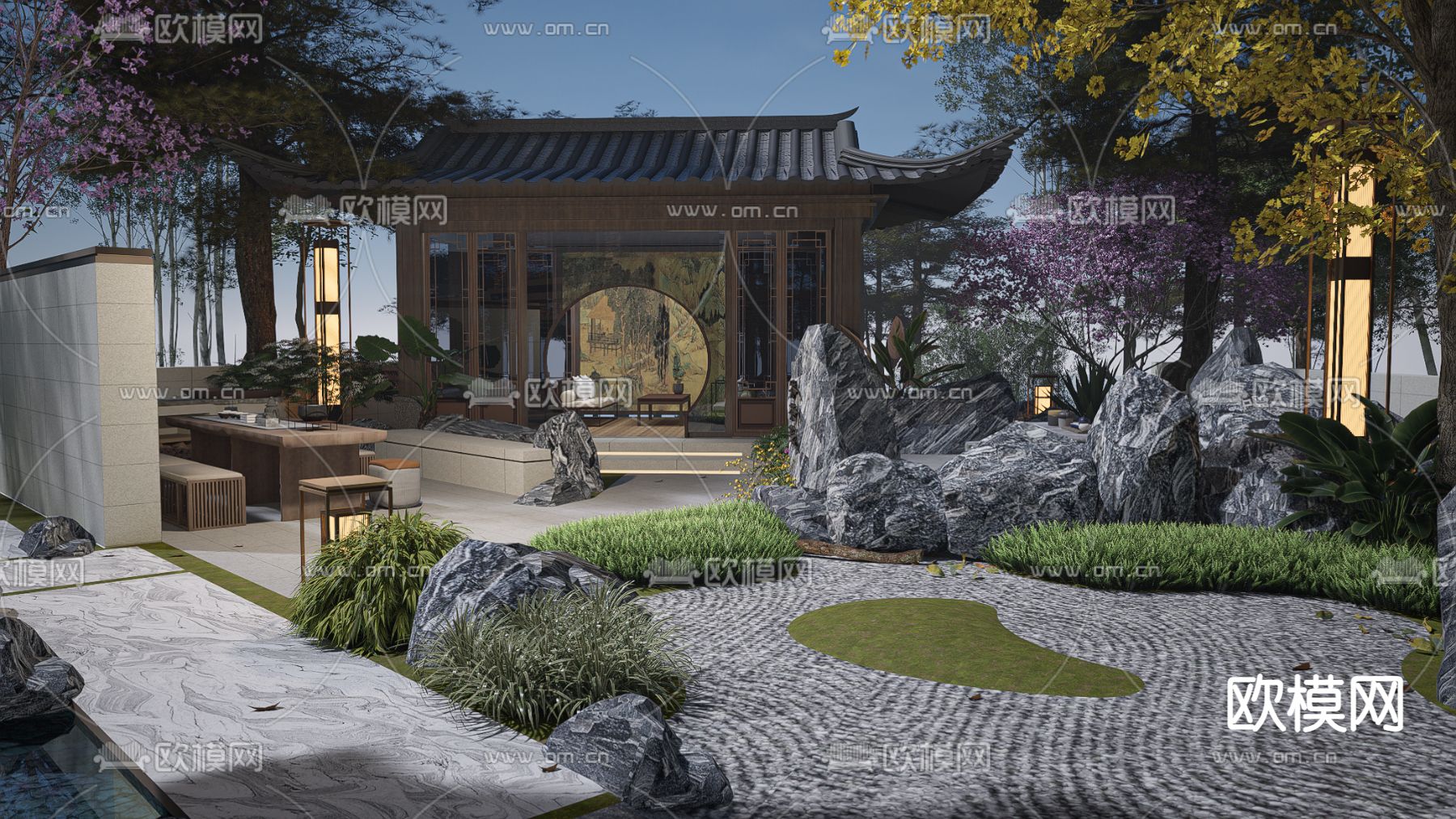 新中式别墅庭院景观su模型下载_ID12149506_sketchup模型下载-欧模网