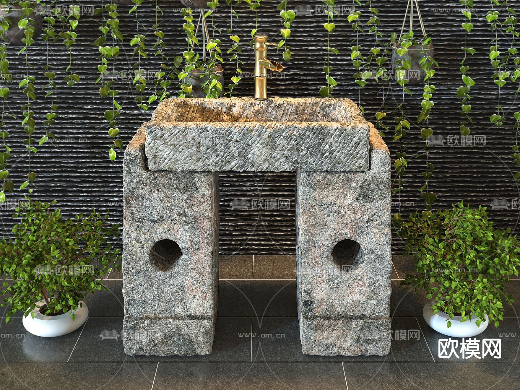 新中式石材洗手盆su模型下载（渲染图2）