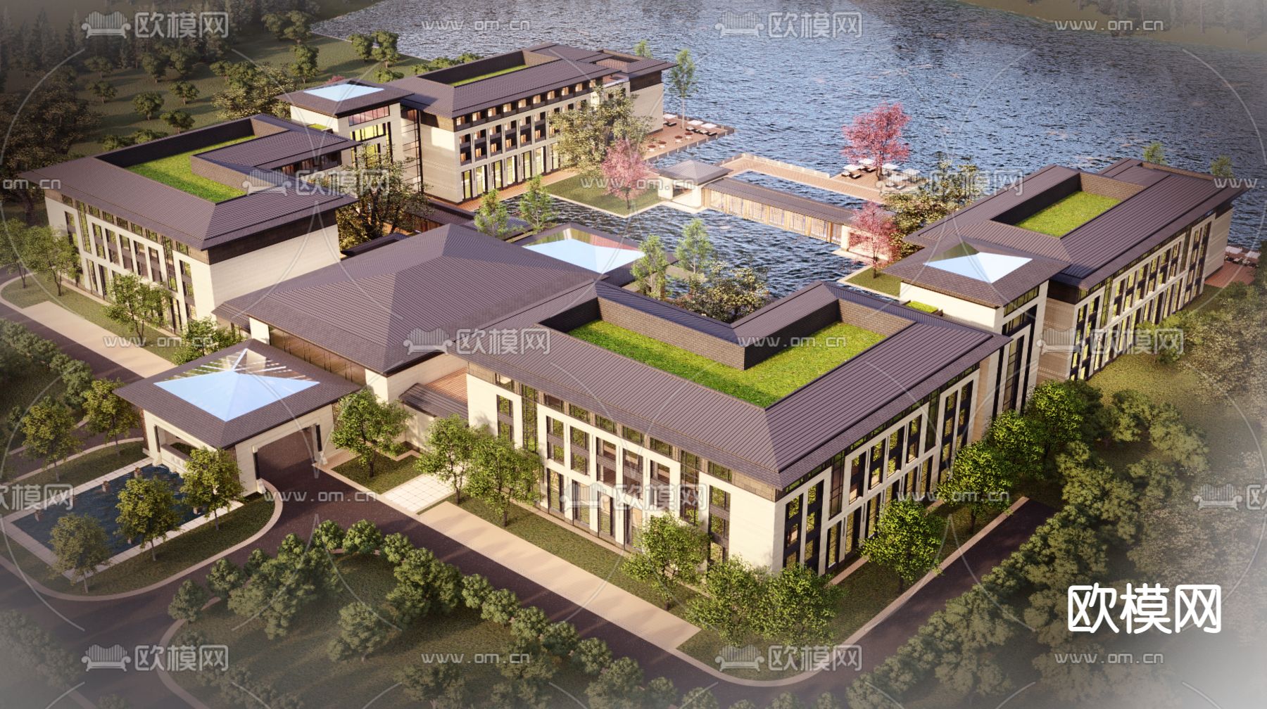 新中式酒店鸟瞰su模型