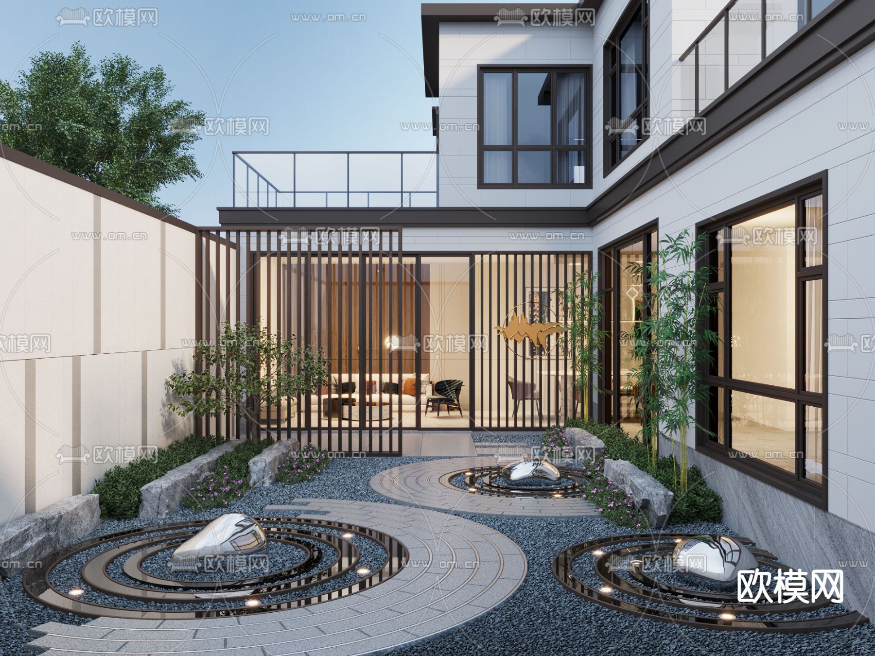 新中式别墅庭院花园 阳台3d模型下载_ID12148529_3dmax免费模型-欧模网
