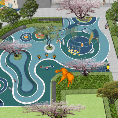  现代儿童活动区滑梯秋千su模型 