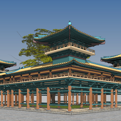  中式古建角楼连体回廊su模型 