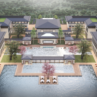 新中式酒店鸟瞰su模型