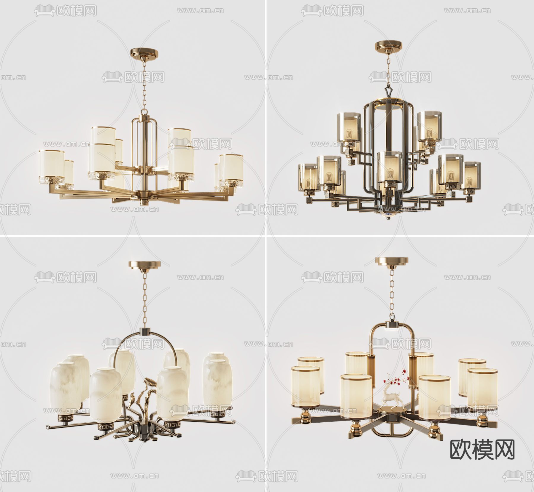 新中式多头吊灯3d模型下载