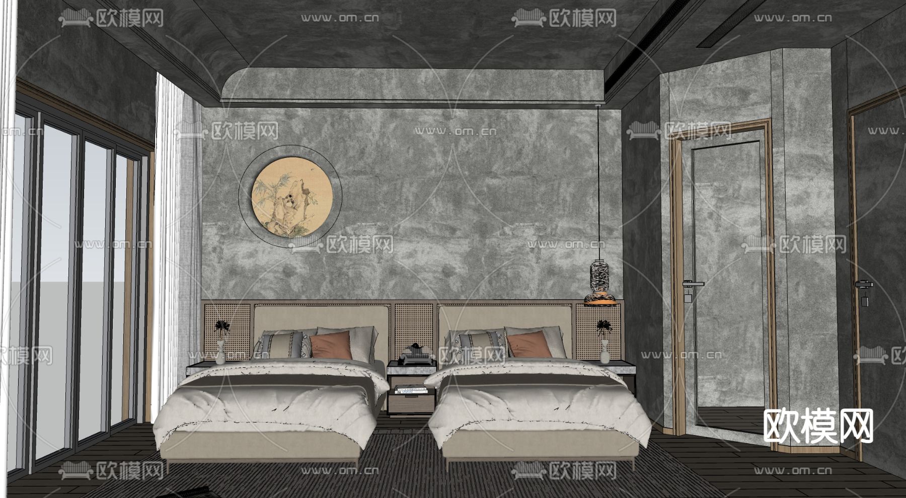 侘寂酒店双床房su模型下载（渲染图2）
