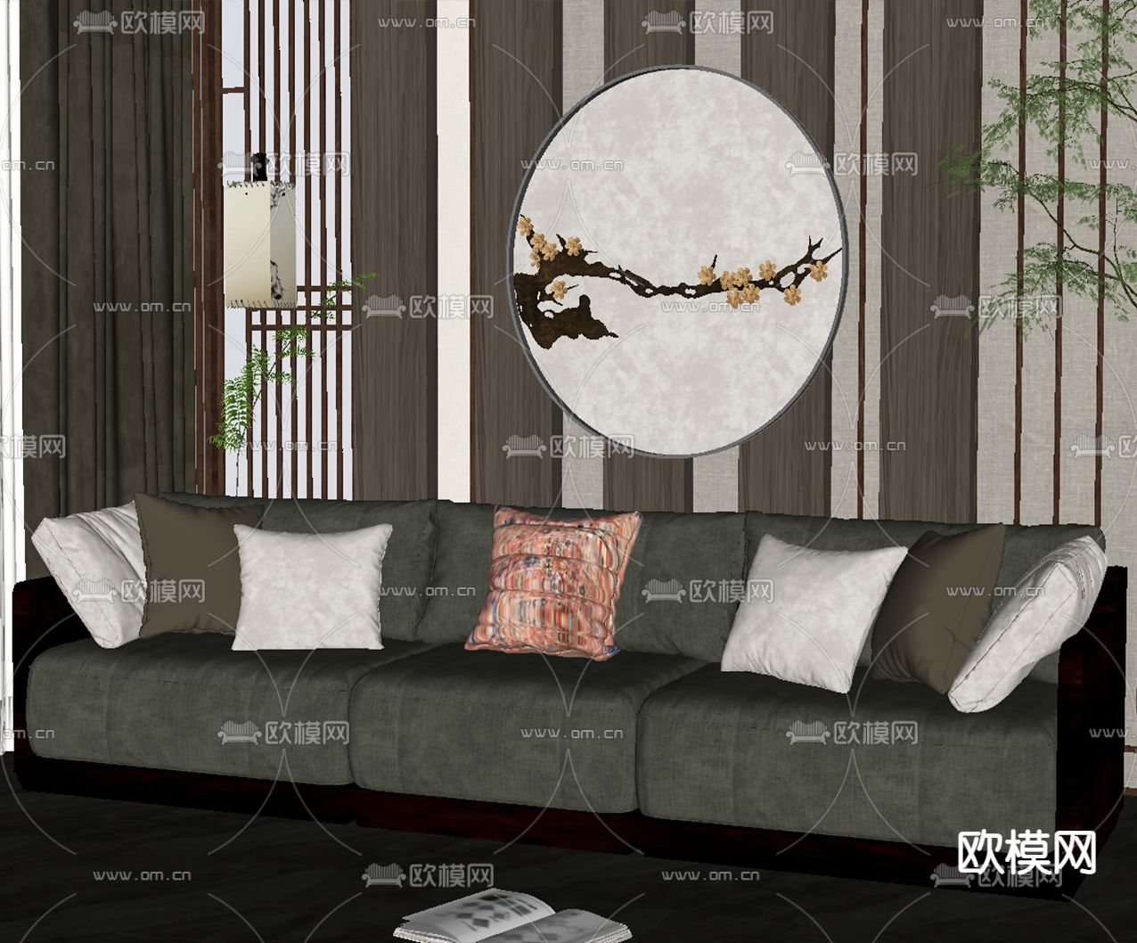 新中式三人沙发su模型下载（渲染图2）