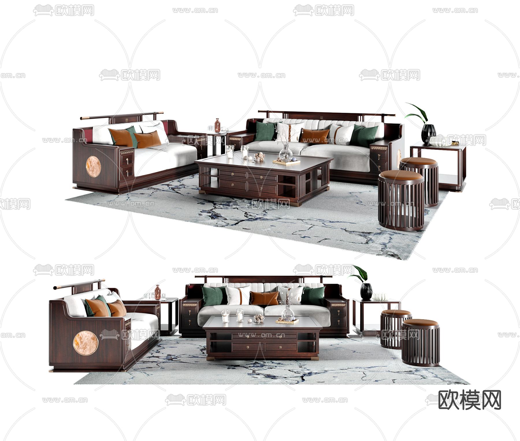 新中式组合沙发3d模型下载_ID12152156_3dmax免费模型-欧模网