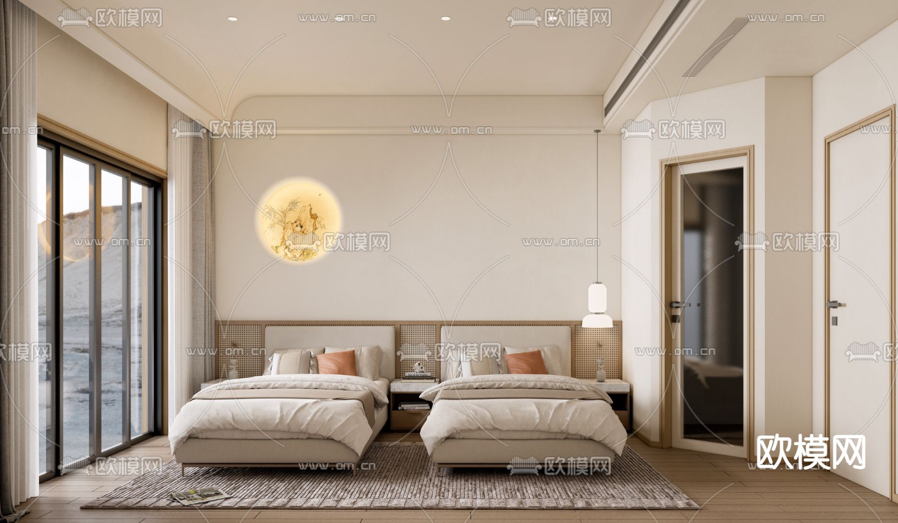 侘寂酒店双床房su模型下载（渲染图1）