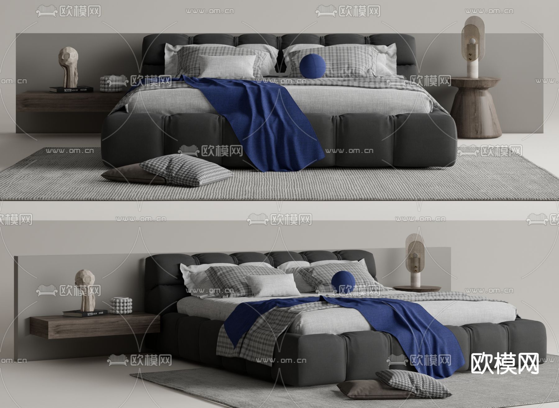 B&B Tufty 高级灰泡芙床 双人床su模型下载（渲染图1）