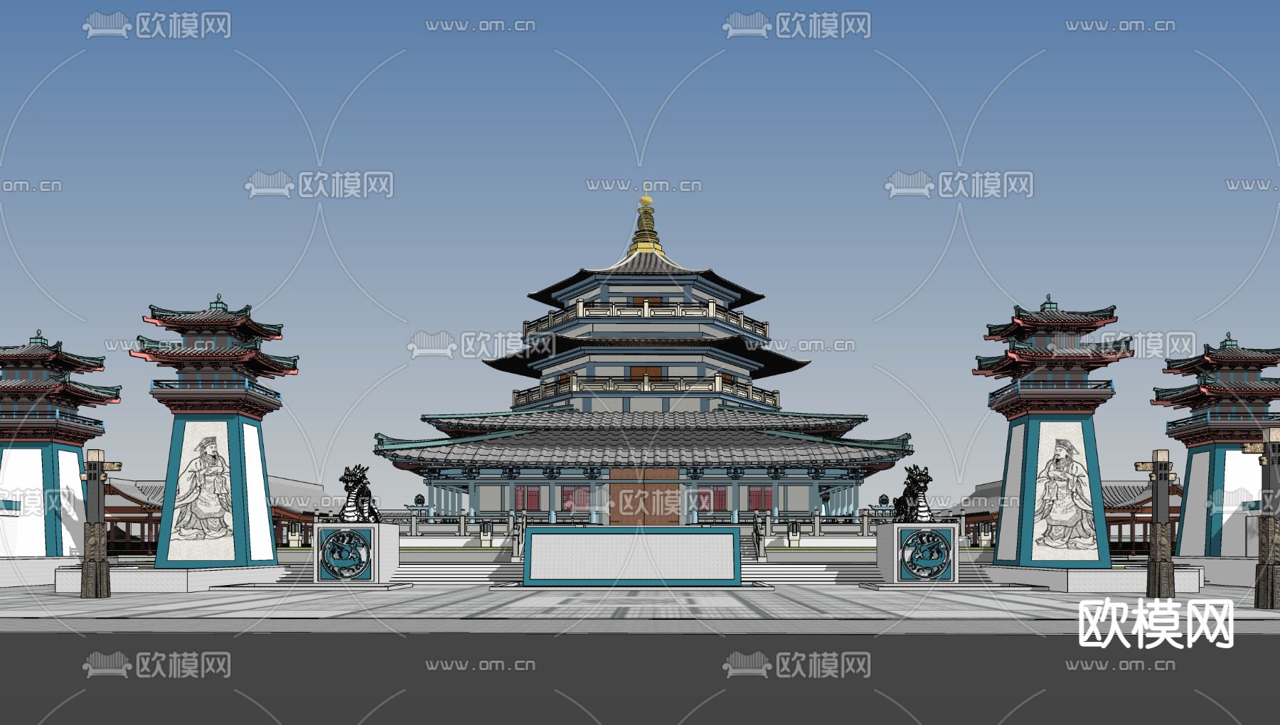 中式古建筑塔楼su模型下载（渲染图1）