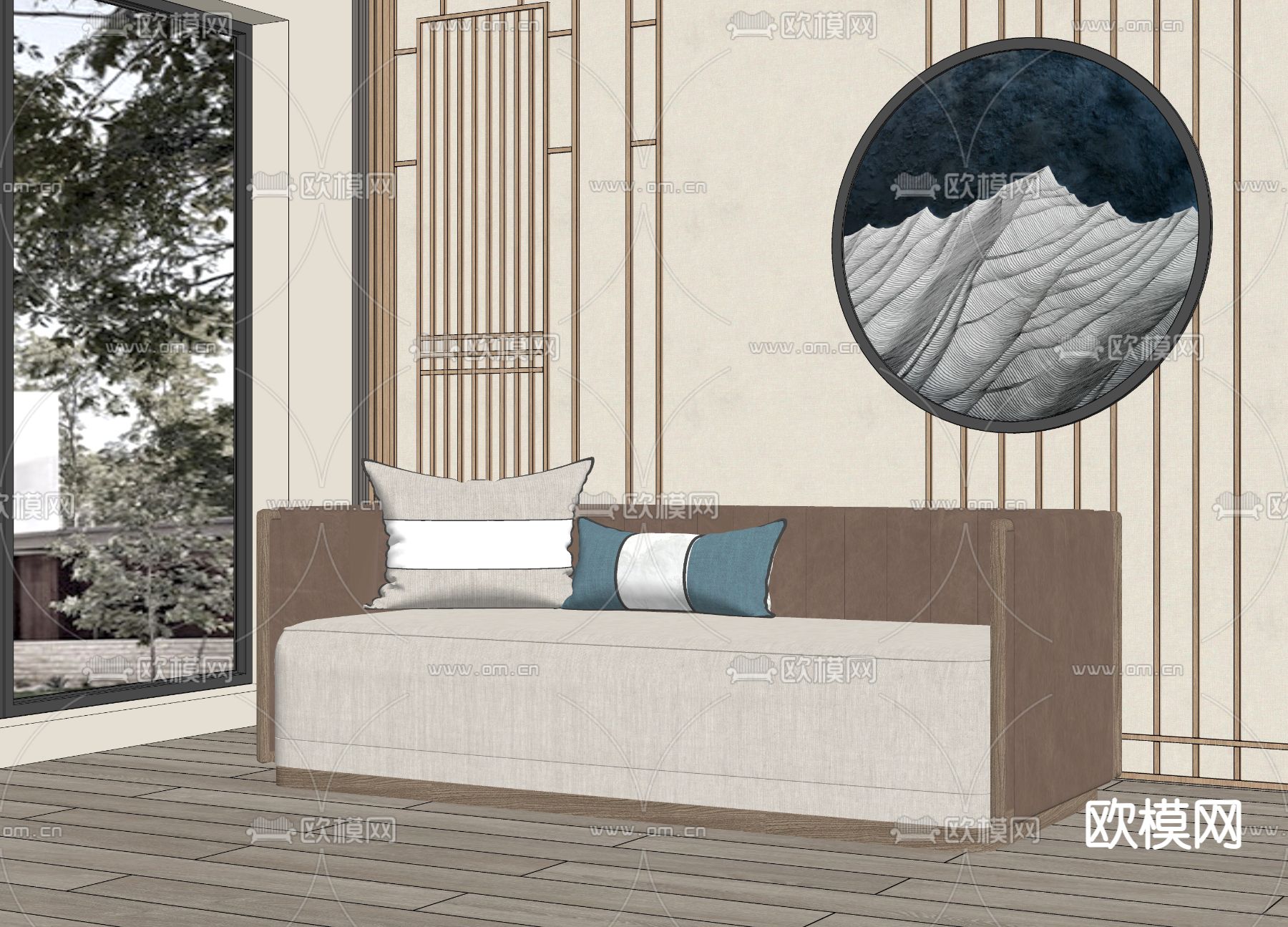 新中式双人沙发su模型下载（渲染图2）