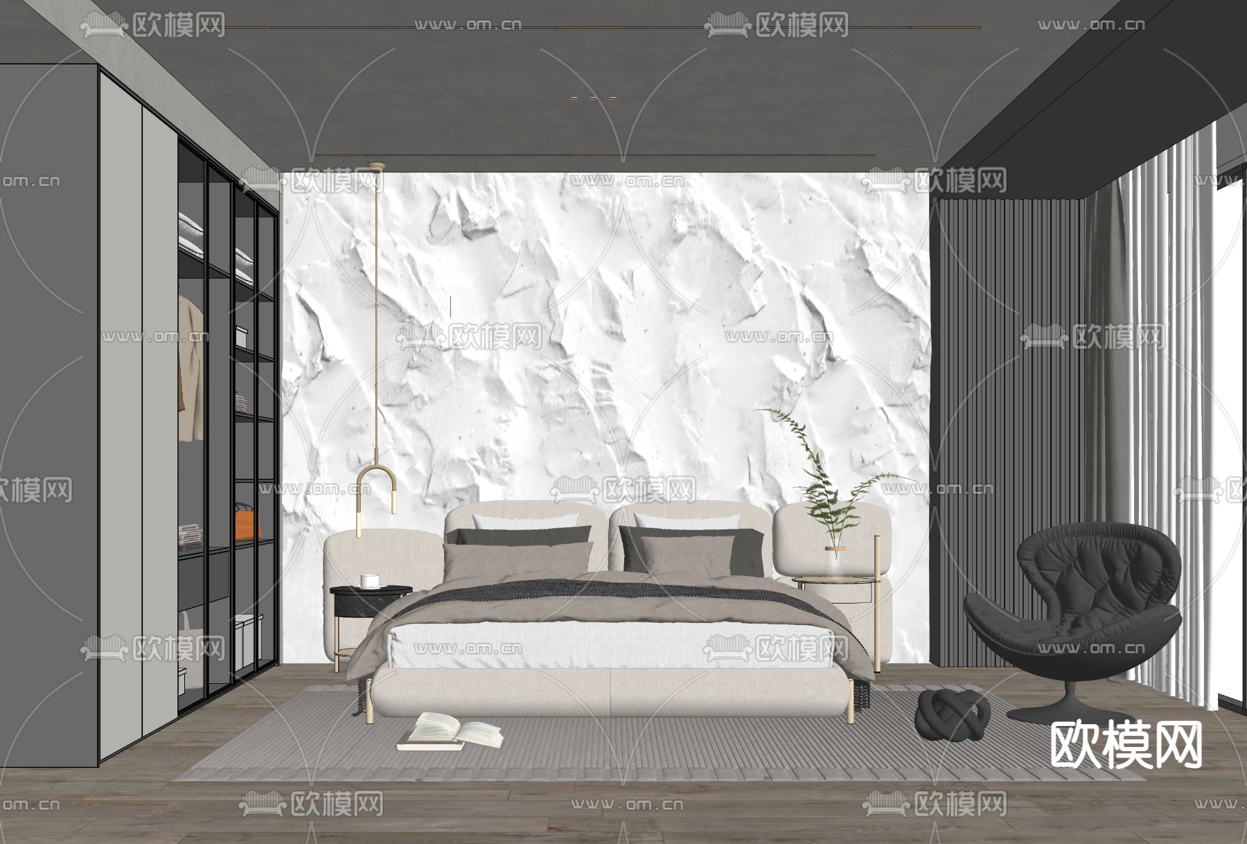 高级灰主人房 卧室su模型下载（渲染图2）
