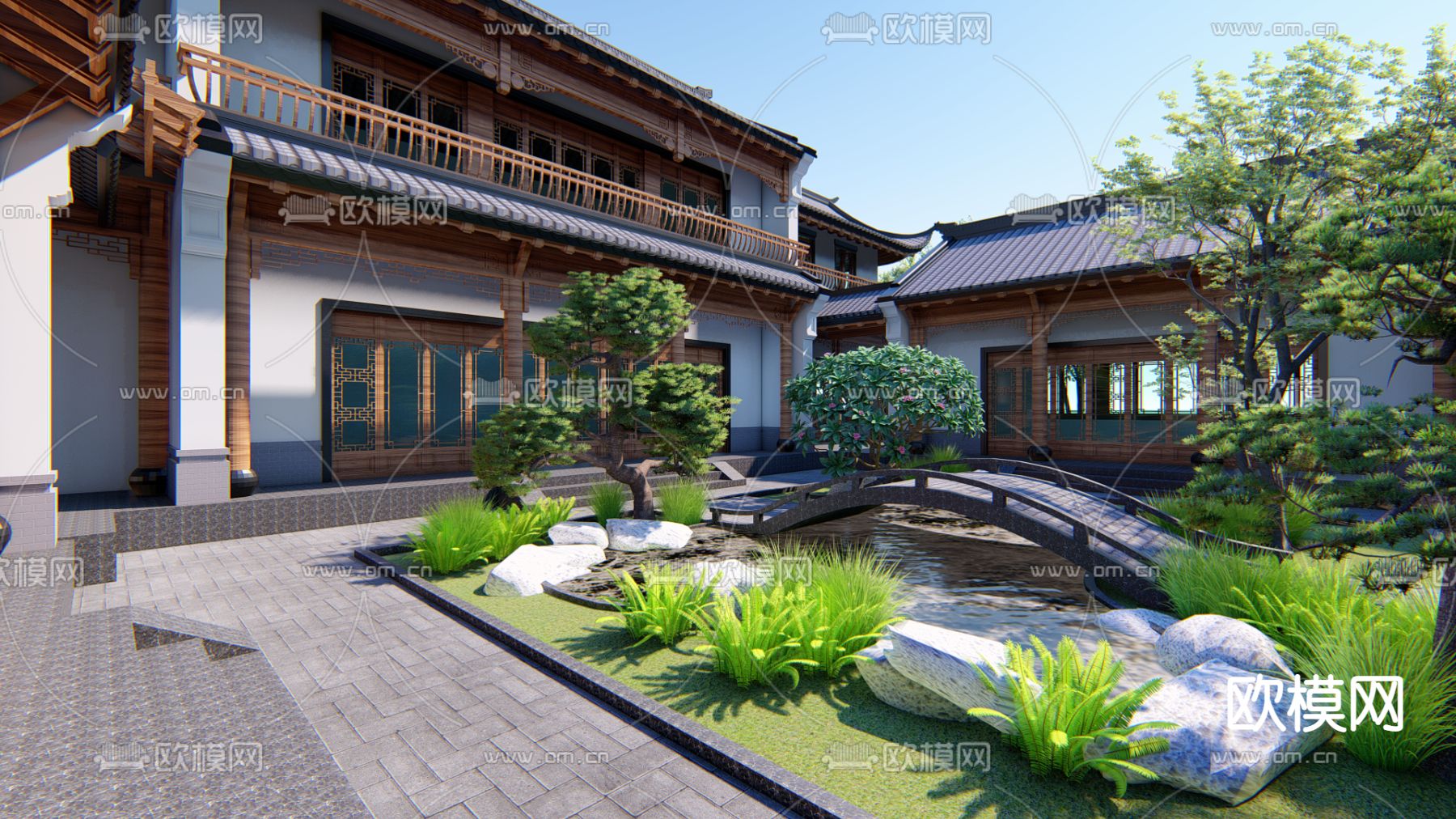 新中式四合院庭院景观su模型下载_ID12143316_sketchup模型下载-欧模网
