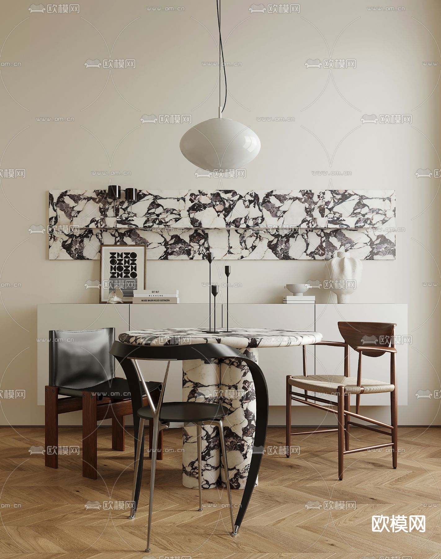 现代圆形餐桌椅su模型下载（渲染图1）