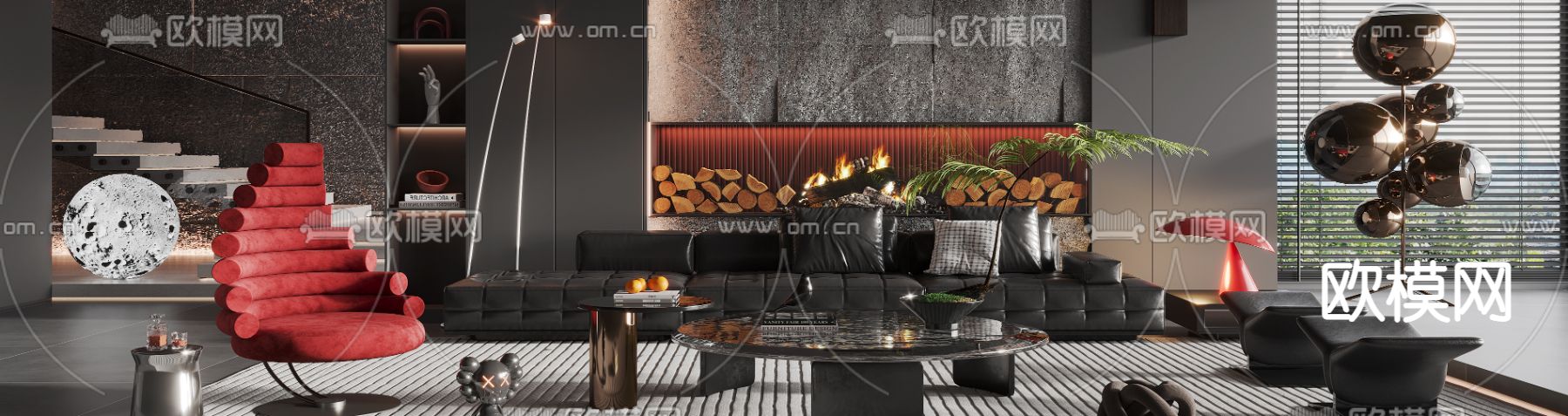 现代暗黑风客厅3d模型下载（渲染图4）
