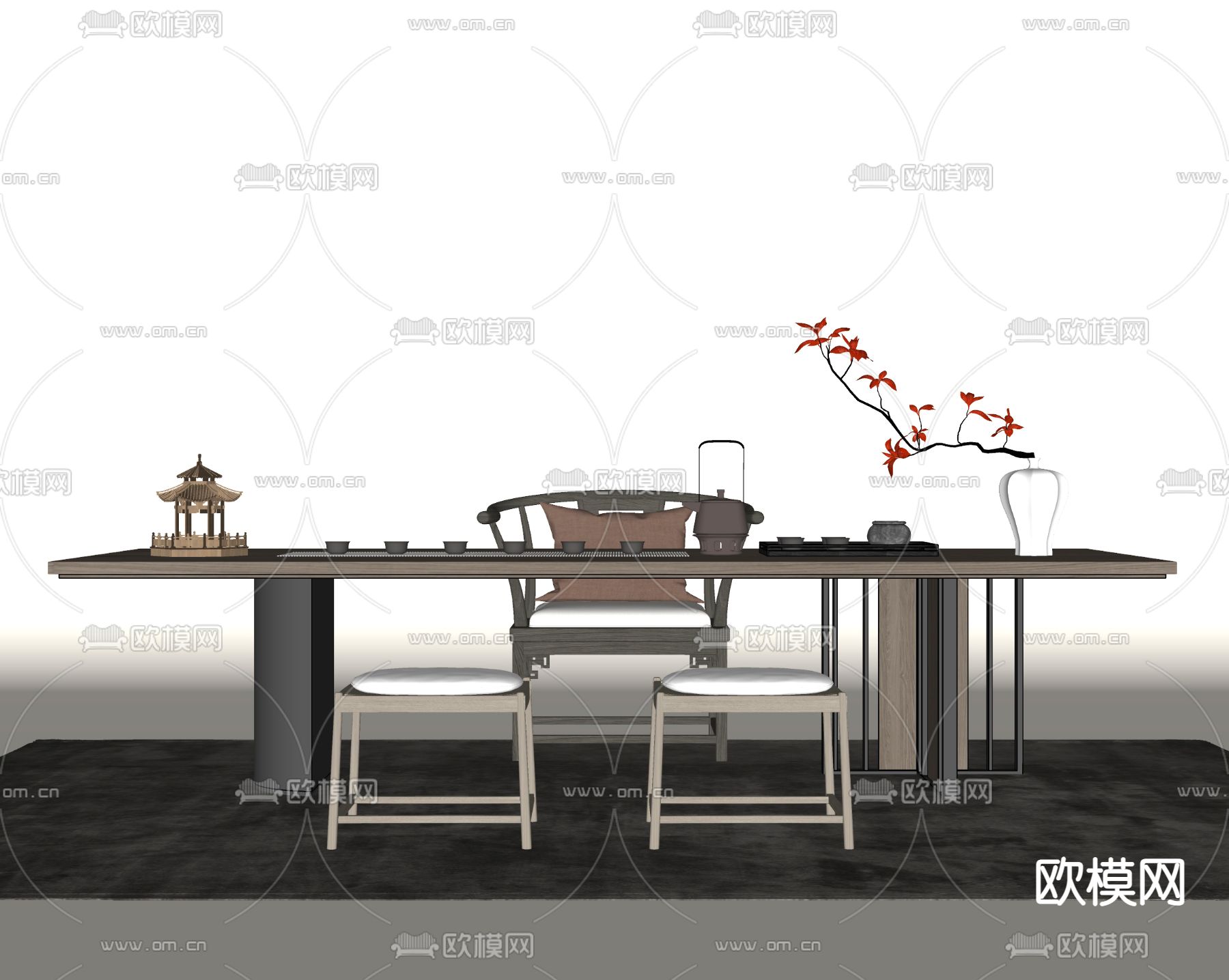 新中式茶桌椅 茶台su模型下载（渲染图2）