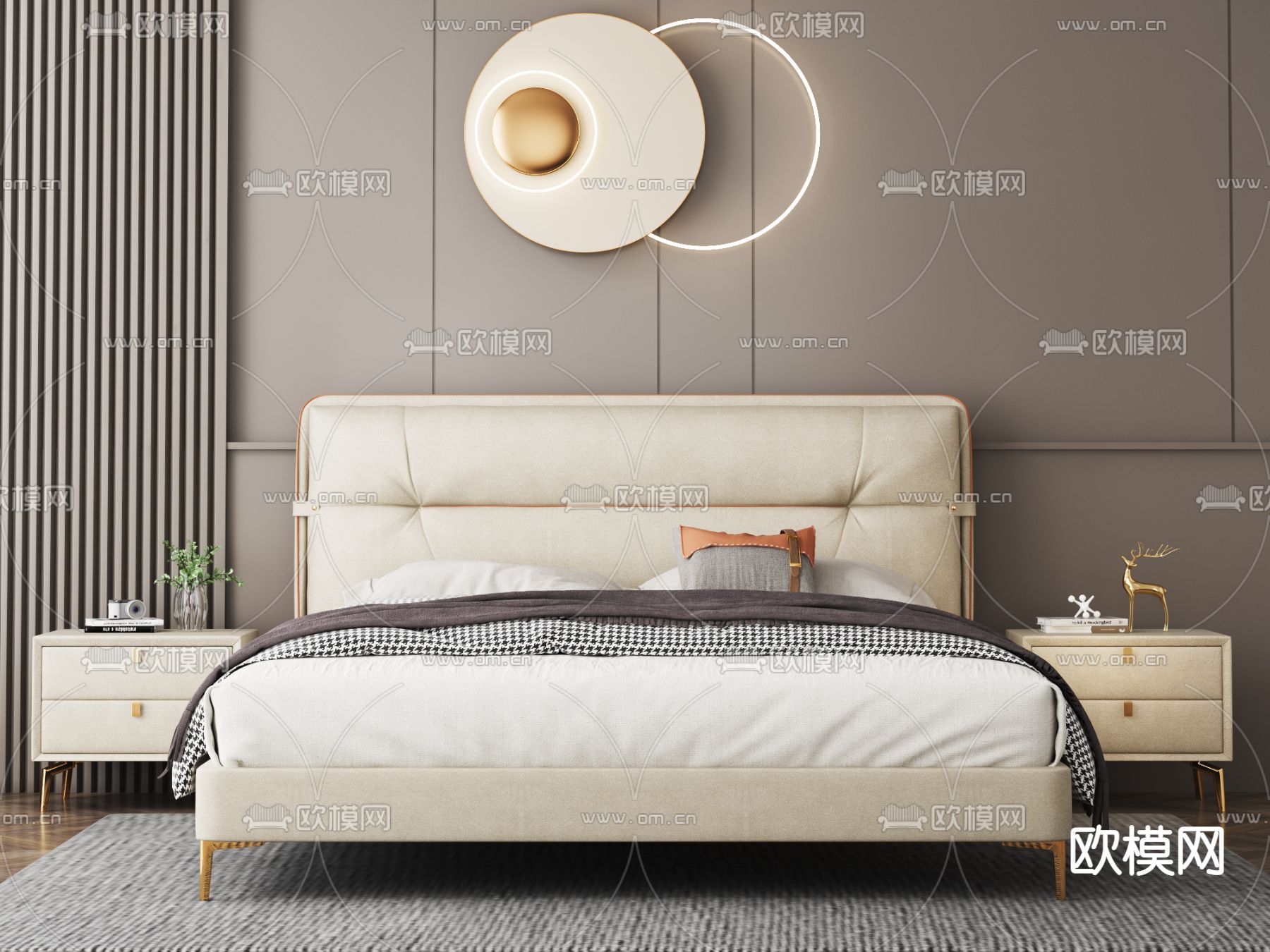 现代皮革双人床3d模型下载（渲染图2）