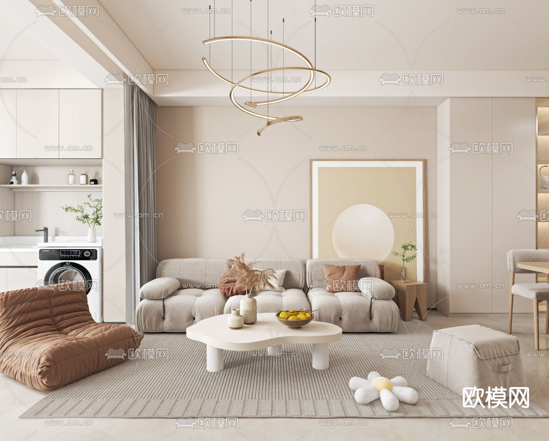 奶油风客餐厅3d模型下载（渲染图2）