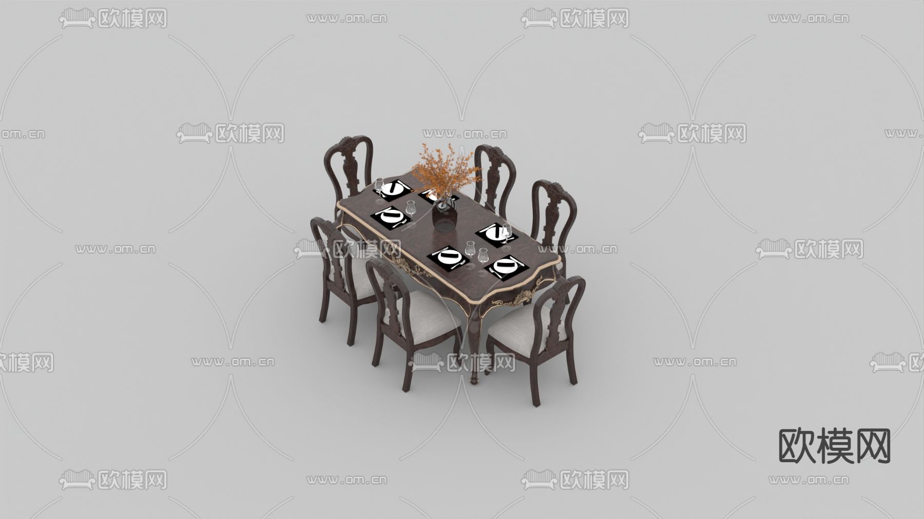 欧式古典实木多人餐桌椅免费3d模型下载
