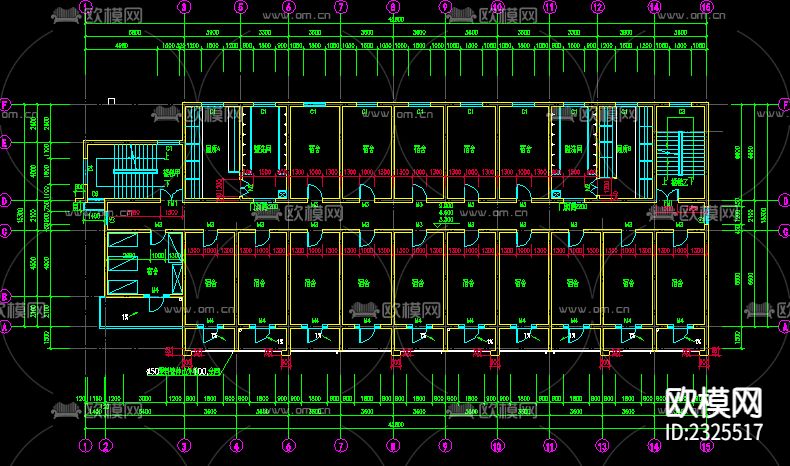 五层学生宿舍CAD施工图下载（渲染图2）