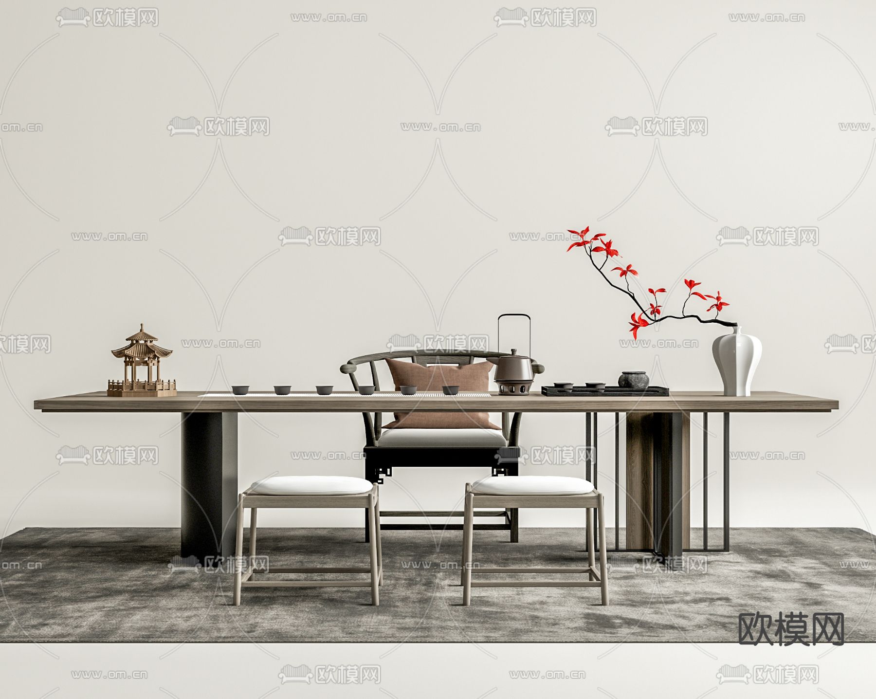 新中式茶桌椅 茶台su模型下载（渲染图1）