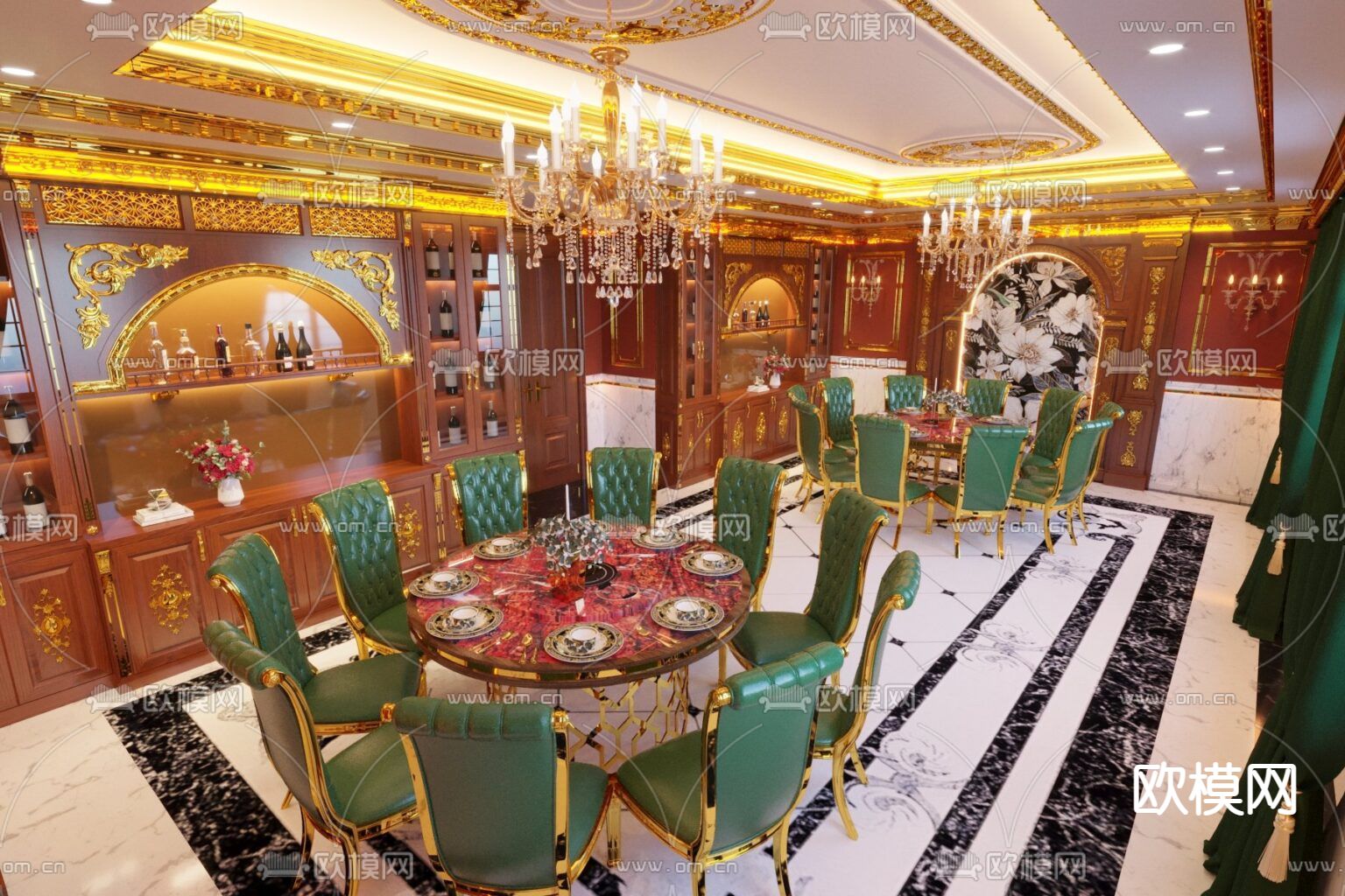 欧式古典奢华创意餐厅包间免费3d模型下载（渲染图3）
