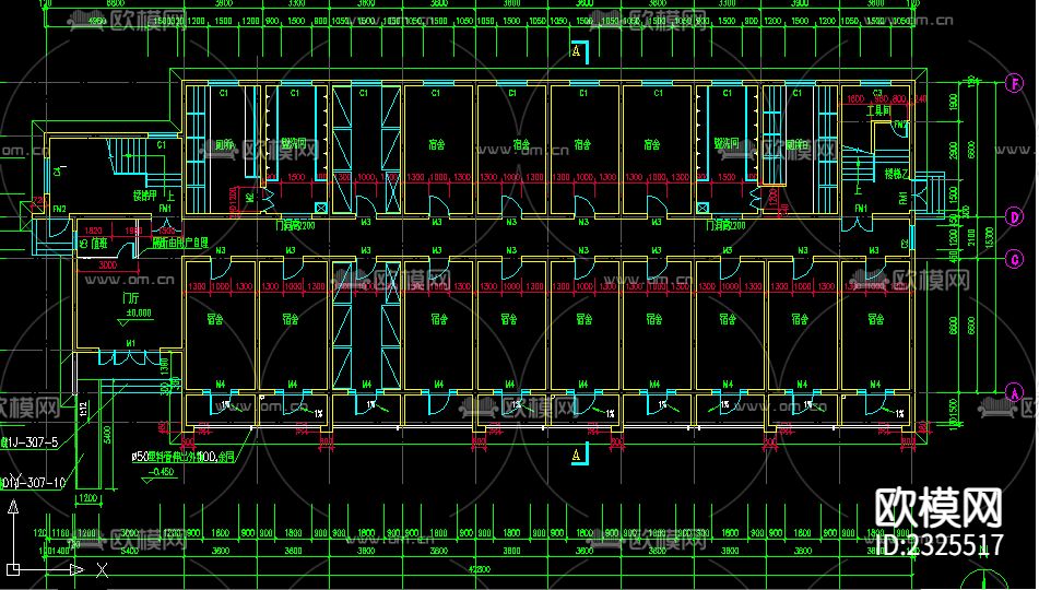 五层学生宿舍CAD施工图下载（渲染图3）