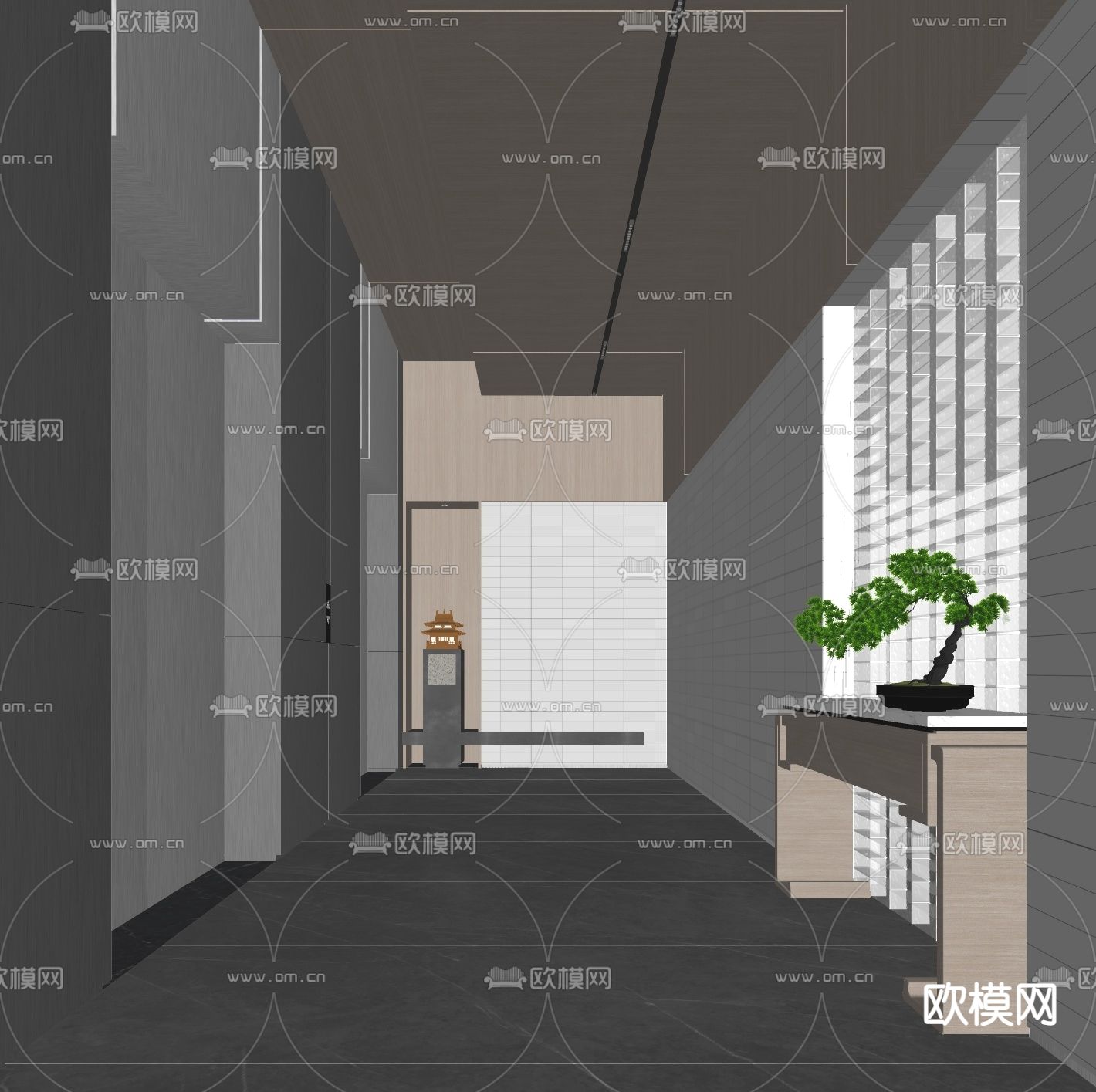 新中式电梯厅 走廊su模型下载（渲染图2）