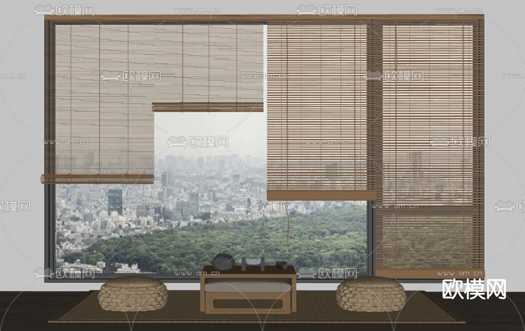 中式竹帘卷帘su模型下载（渲染图2）