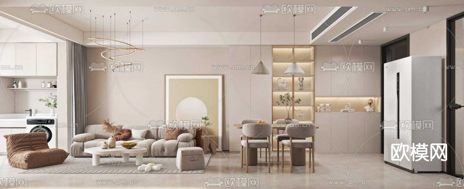 奶油风客餐厅3d模型下载（渲染图1）