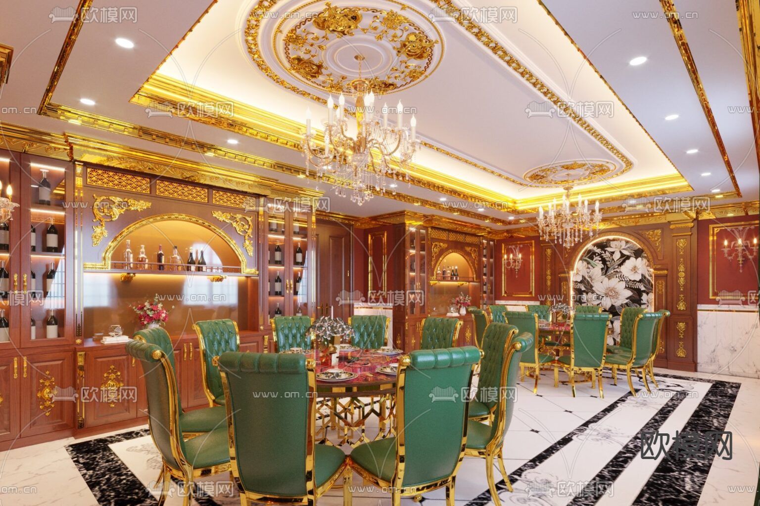 欧式古典奢华创意餐厅包间免费3d模型下载（渲染图1）