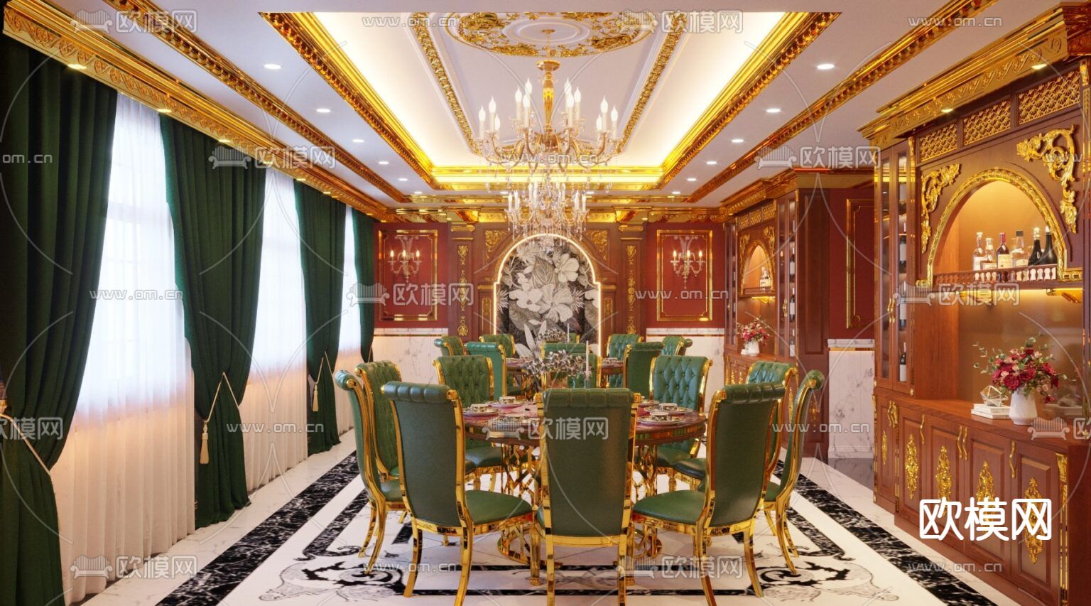 欧式古典奢华创意餐厅包间免费3d模型下载（渲染图4）