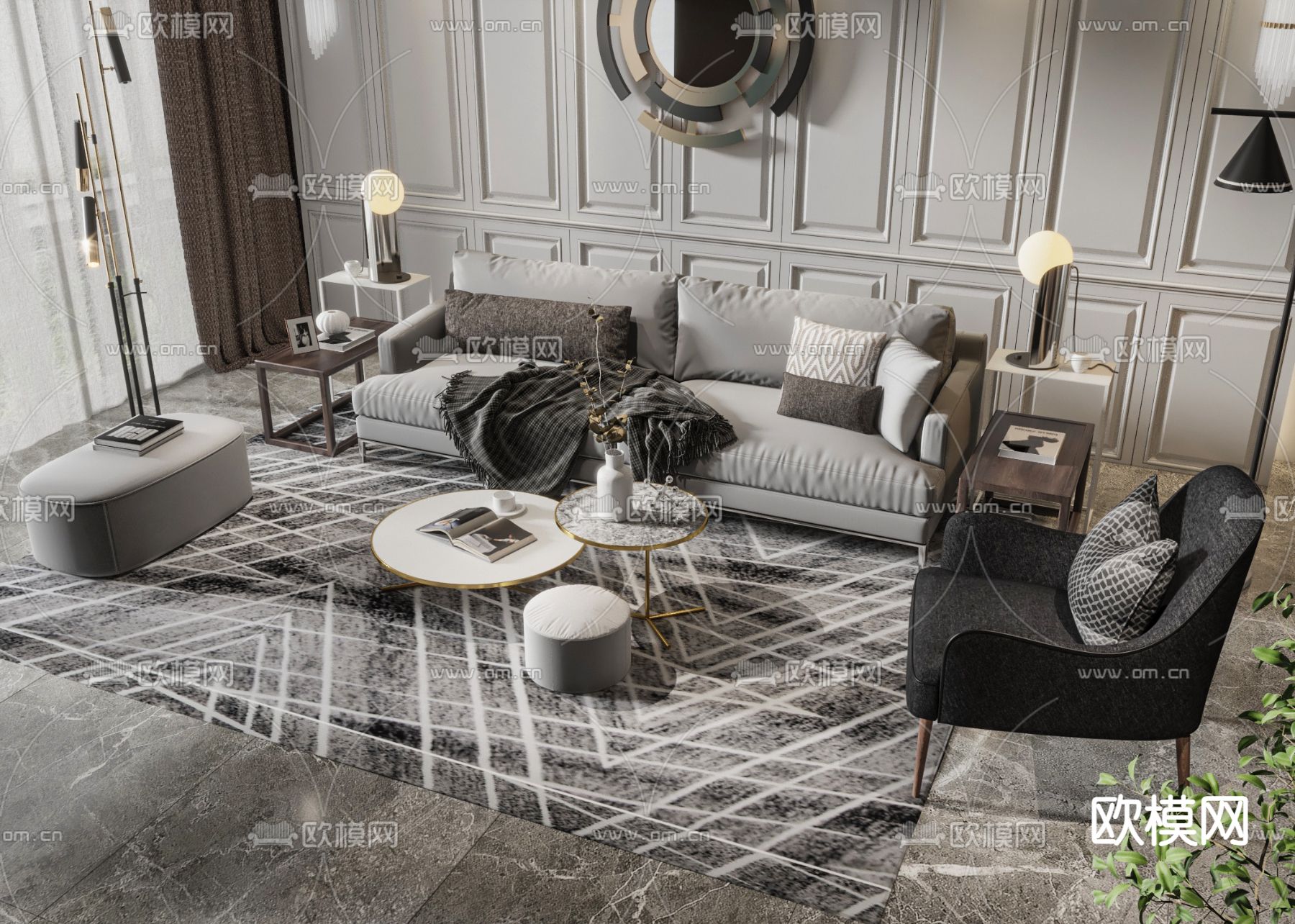 高级灰组合沙发3d模型下载