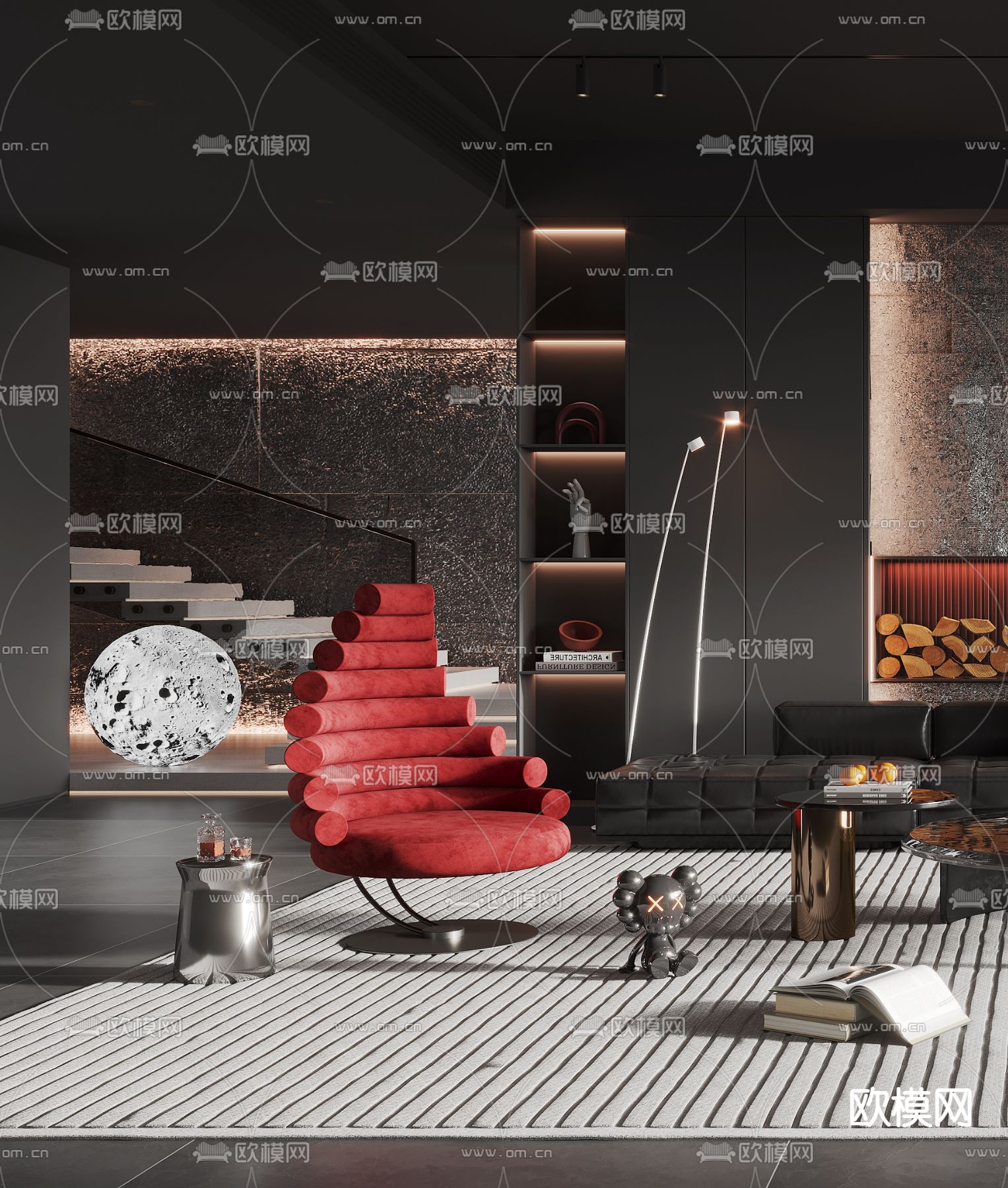 现代暗黑风客厅3d模型下载（渲染图2）