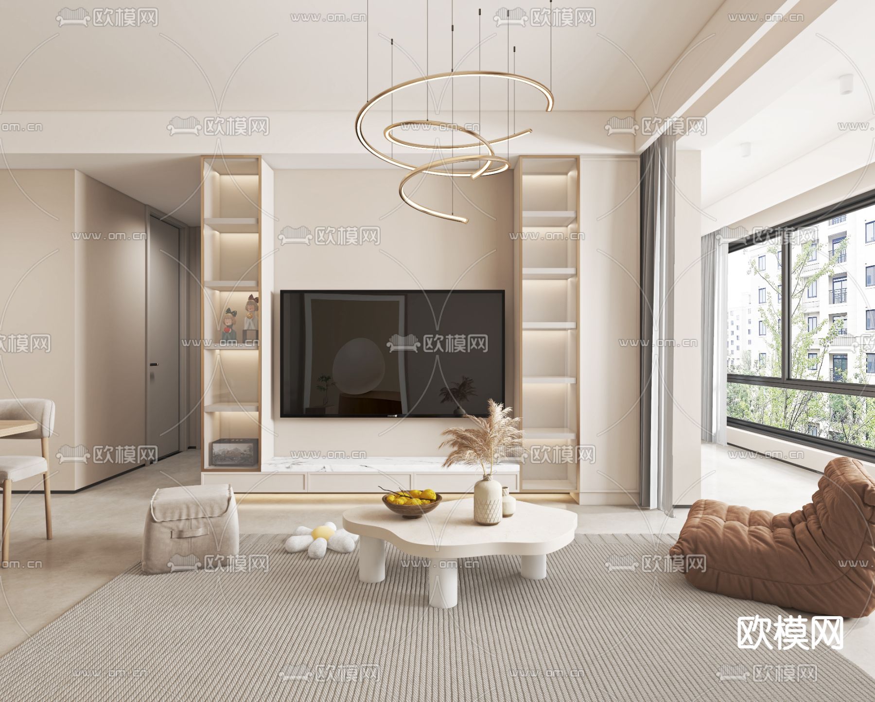 奶油风客餐厅3d模型下载（渲染图3）