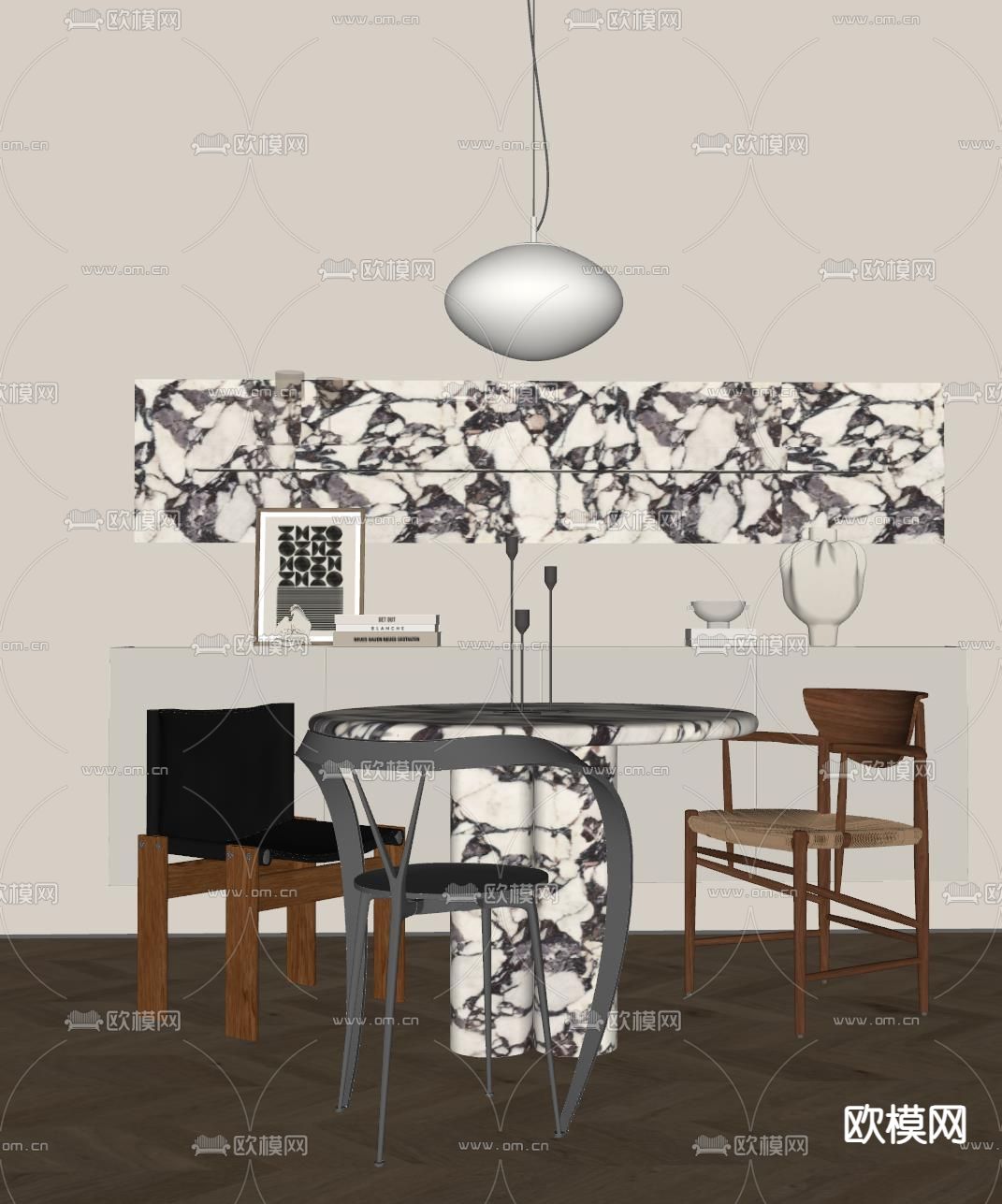 现代圆形餐桌椅su模型下载（渲染图2）