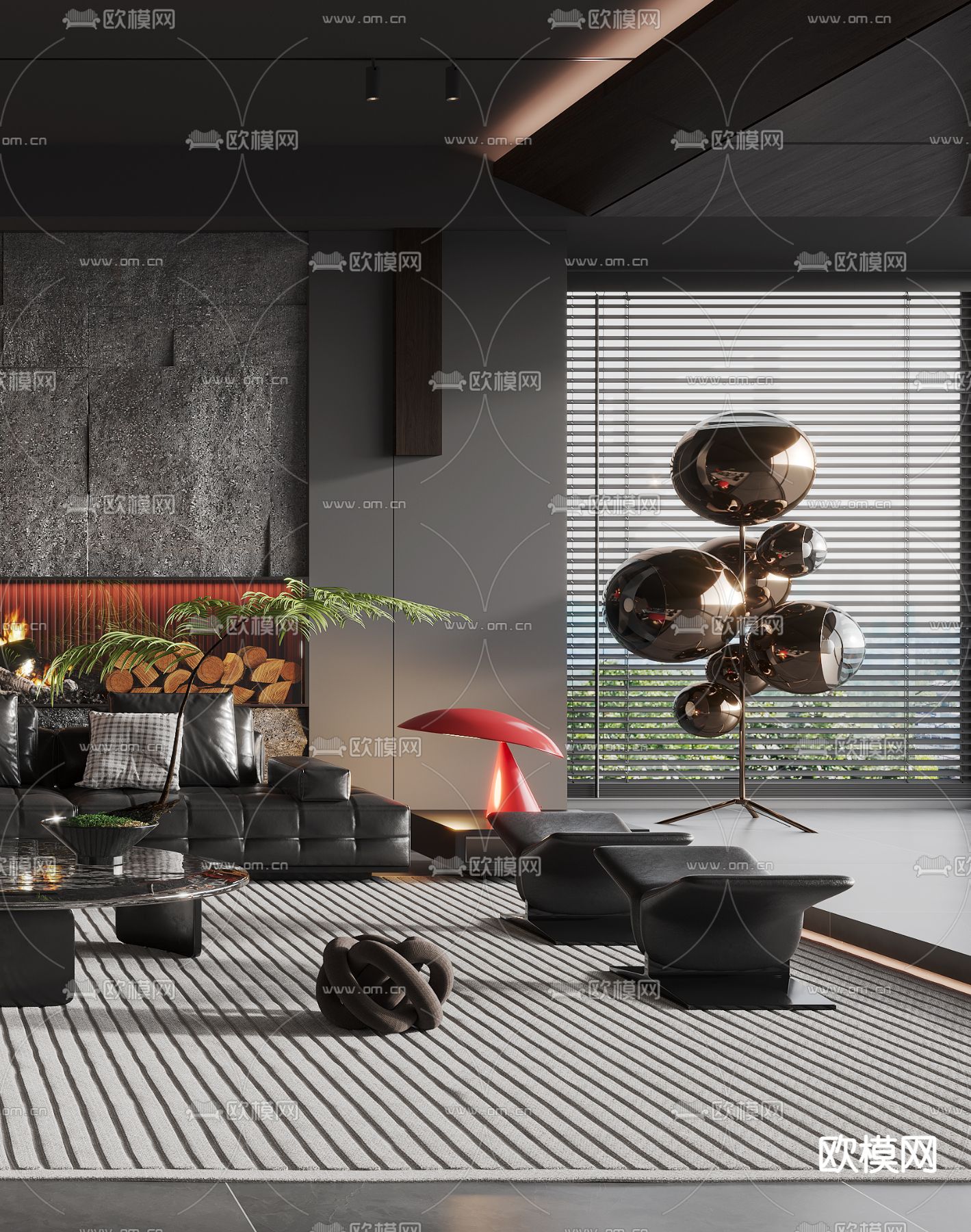 现代暗黑风客厅3d模型下载（渲染图3）