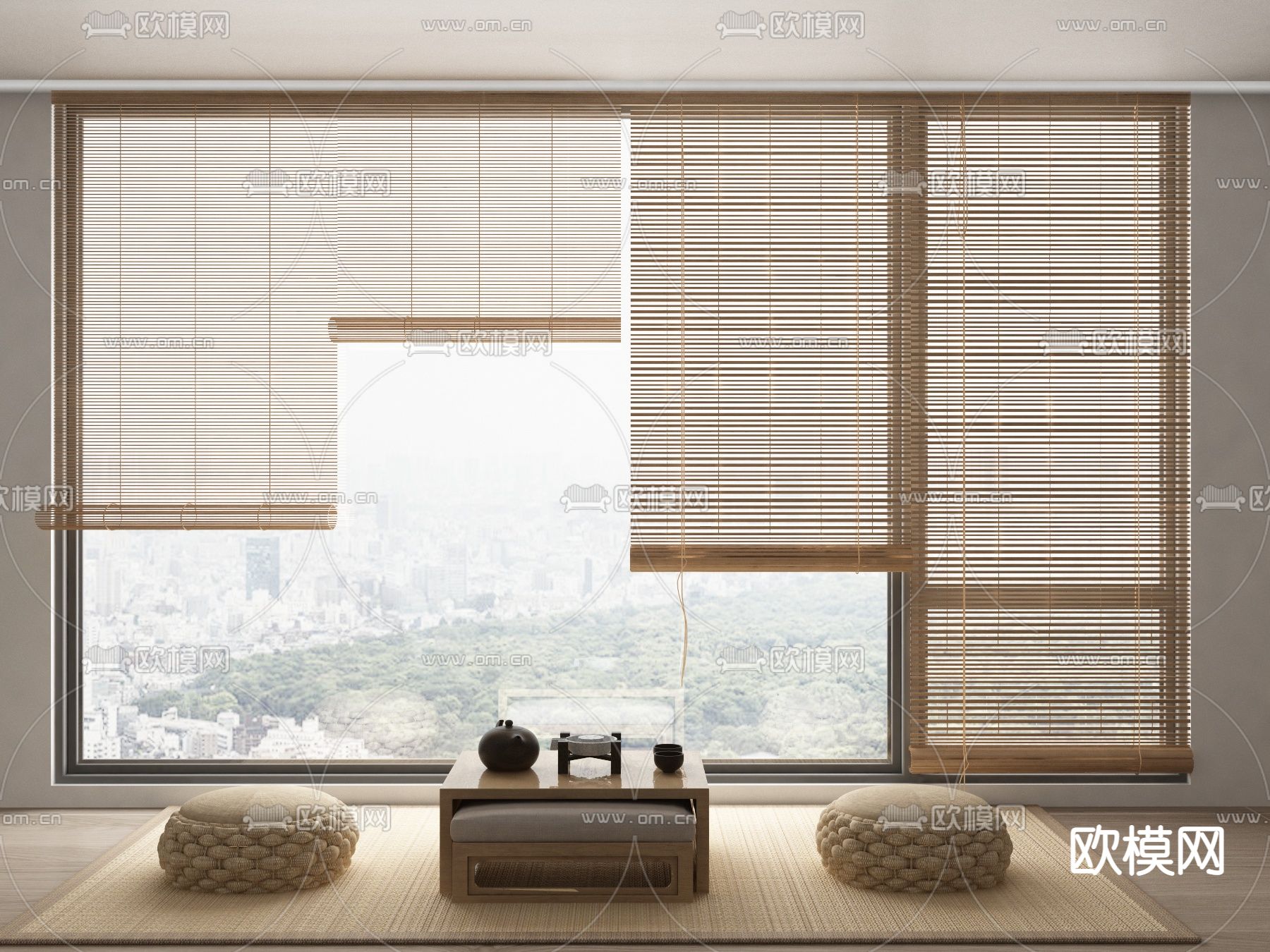 中式竹帘卷帘su模型下载（渲染图1）