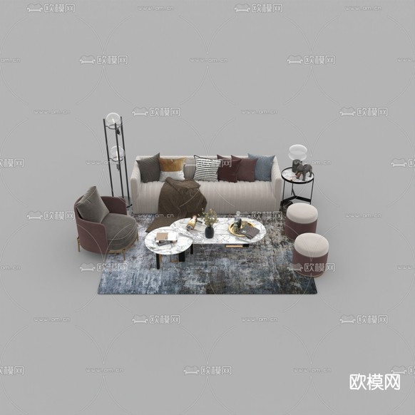 现代轻奢布艺多人沙发组合免费3d模型下载_ID12156222_3dmax免费模型-欧模网