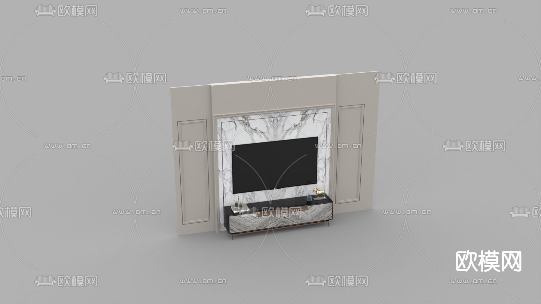 现代简约实木大理石背景墙电视柜免费3d模型下载