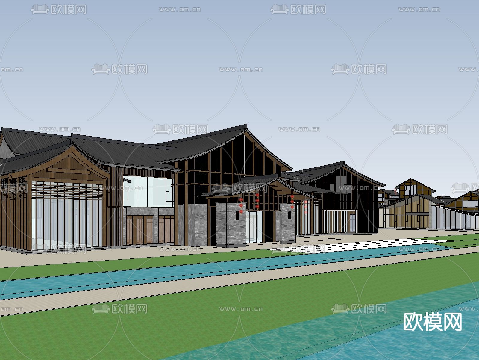 新中式商业街su模型下载（渲染图2）