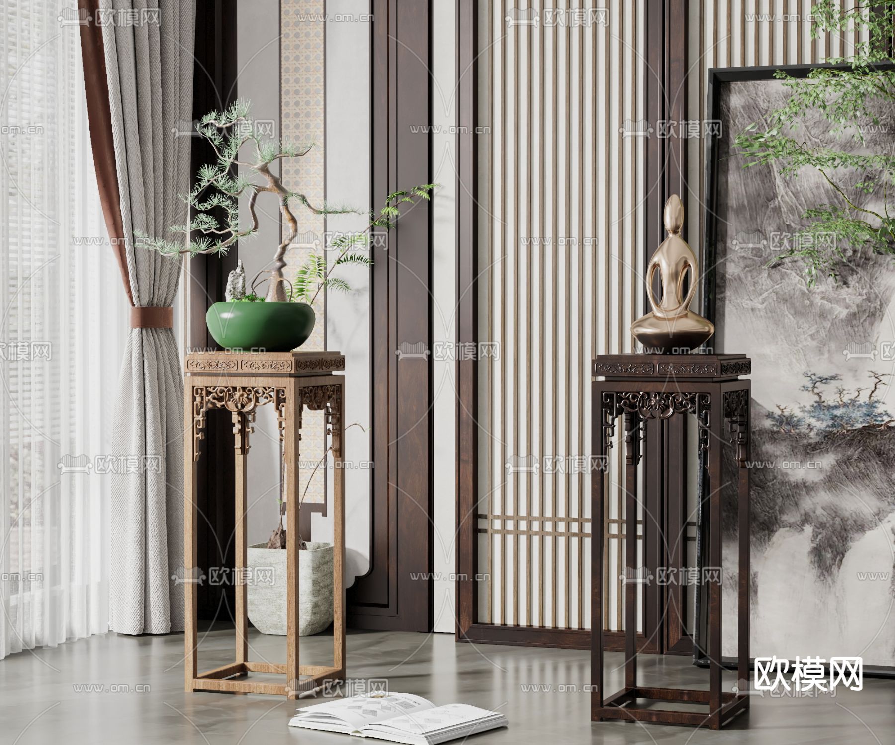 新中式边几 花架3d模型下载