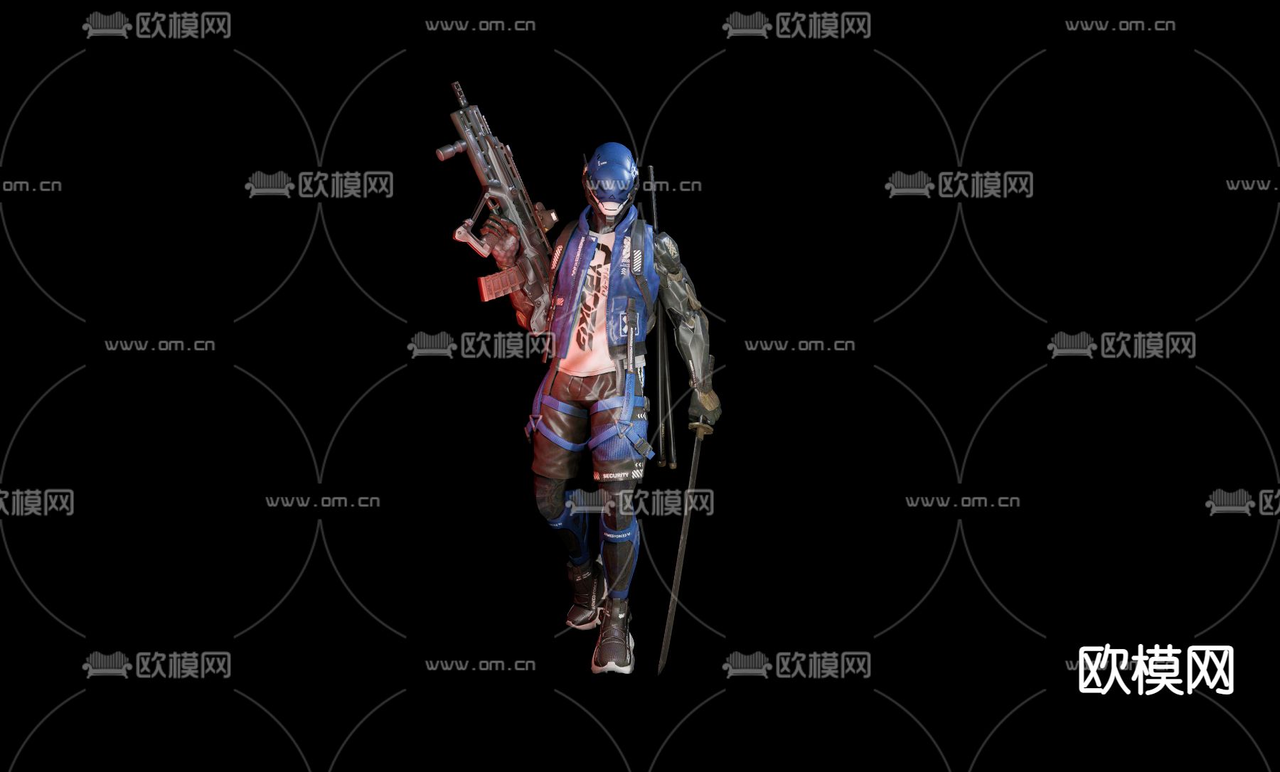 现代朋克风赛博枪手人物su模型下载（渲染图1）