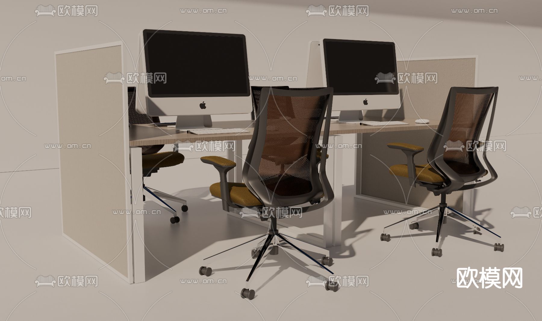 现代办公桌椅 屏风卡位su模型下载（渲染图2）