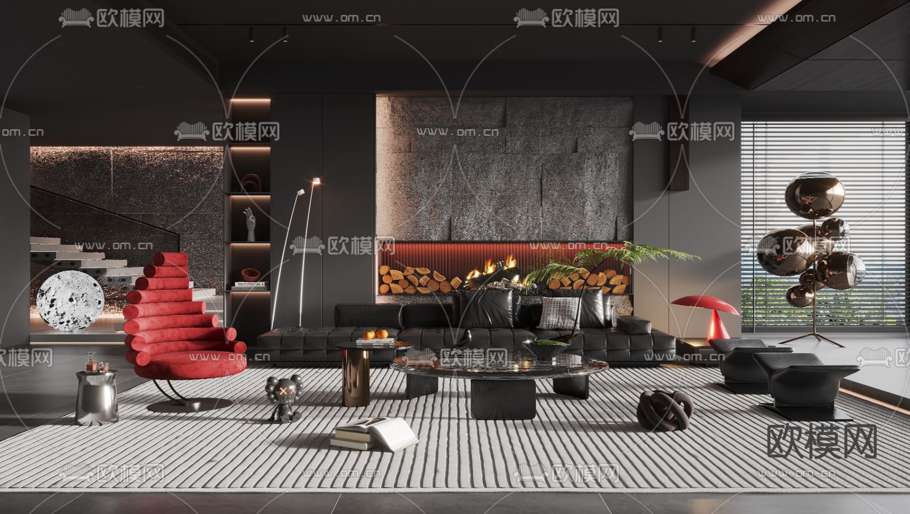 现代暗黑风客厅3d模型下载（渲染图1）