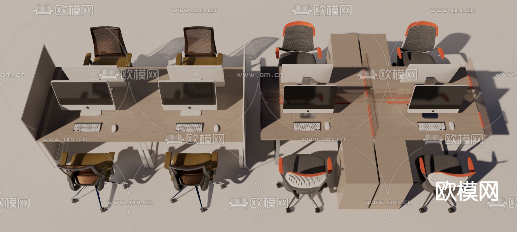 现代办公桌椅 屏风卡位su模型下载（渲染图1）